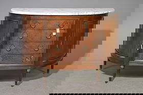 Louis XVI Style White Marble Top Demilune Server: French Louis XVI Style White Marble Top Demilune Mahogany Server / Sideboard - 36.25 in tall x 55.25 x 20