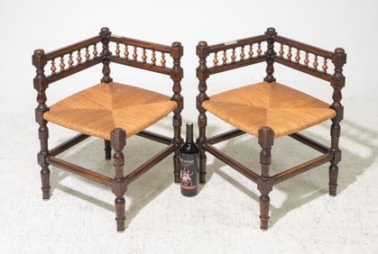 2 French Chestnut Rush Seat Corner Chairs