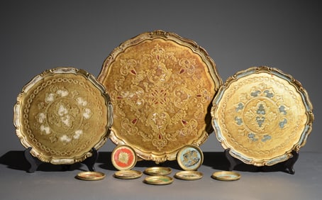 3 Florentine Style Trays & 8 Coasters