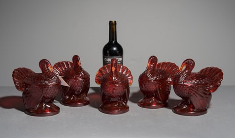 5 Ruby Red Amberina Glass Turkey Candy Dishes