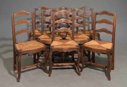 Louis XV Style Set of 8 Oak Rush Seat Dining Chairs