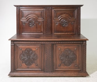 Henri II Style Carved Oak Hall Bench with Lift Seat