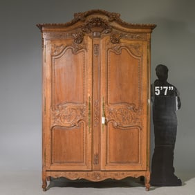 French Normandy Style Carved Oak Marriage Armoire
