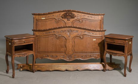 French Normandy Style Oak Bed & 2 Nightstands