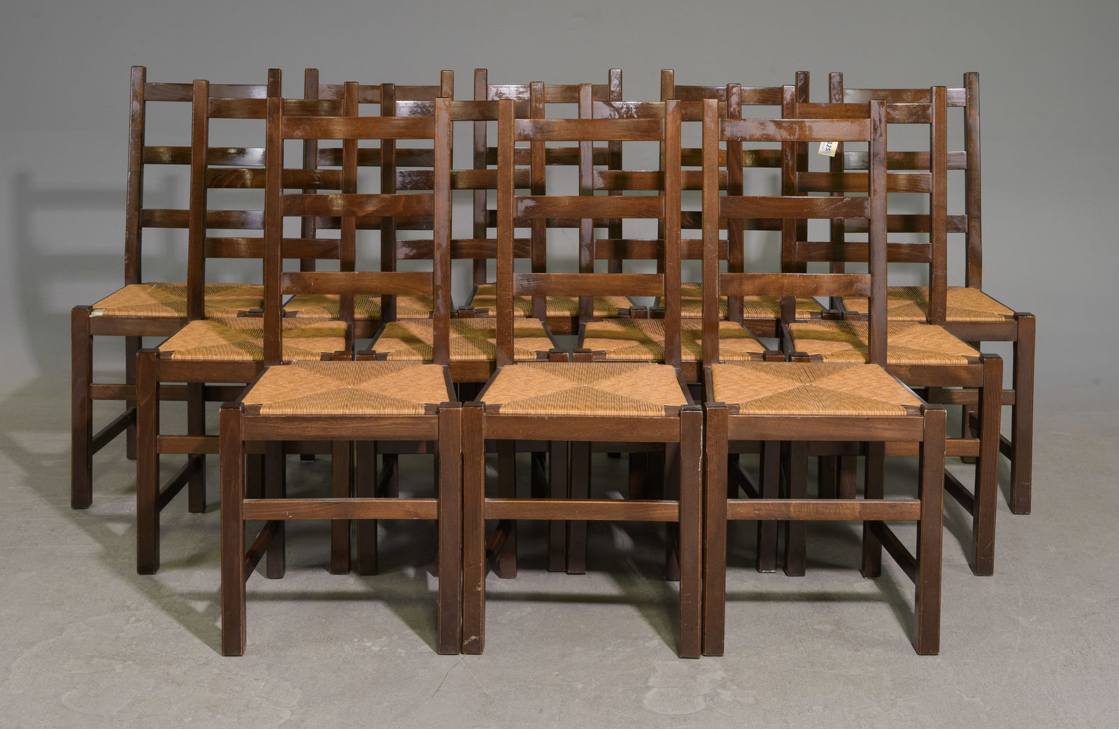 French Set of 12 Oak Ladder Back Rush Seat Chairs (1 of 4)