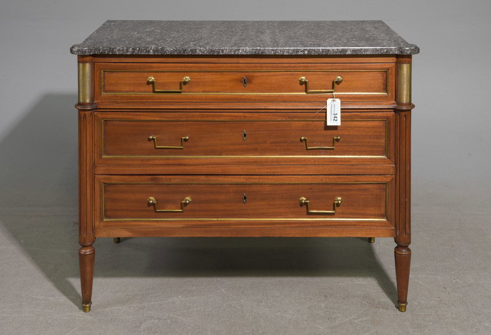 Louis XVI Style Grey Marble Top Chest: French Louis XVI Style Grey Marble Top Three Drawer Chest - 33 in tall x 41 x 20.5