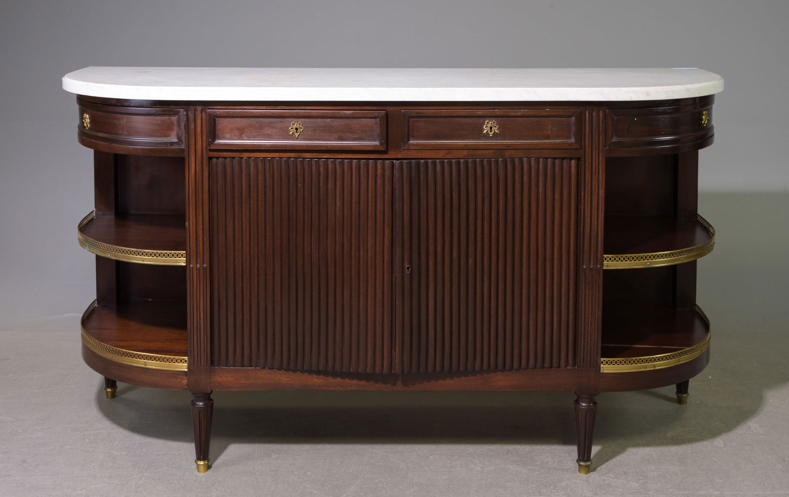 Louis XVI Style Marble Top Curved Sideboard: French Louis XVI Style White Marble Top Curved Sideboard / Enfilade - 39.5 in tall x 70 x 21.5