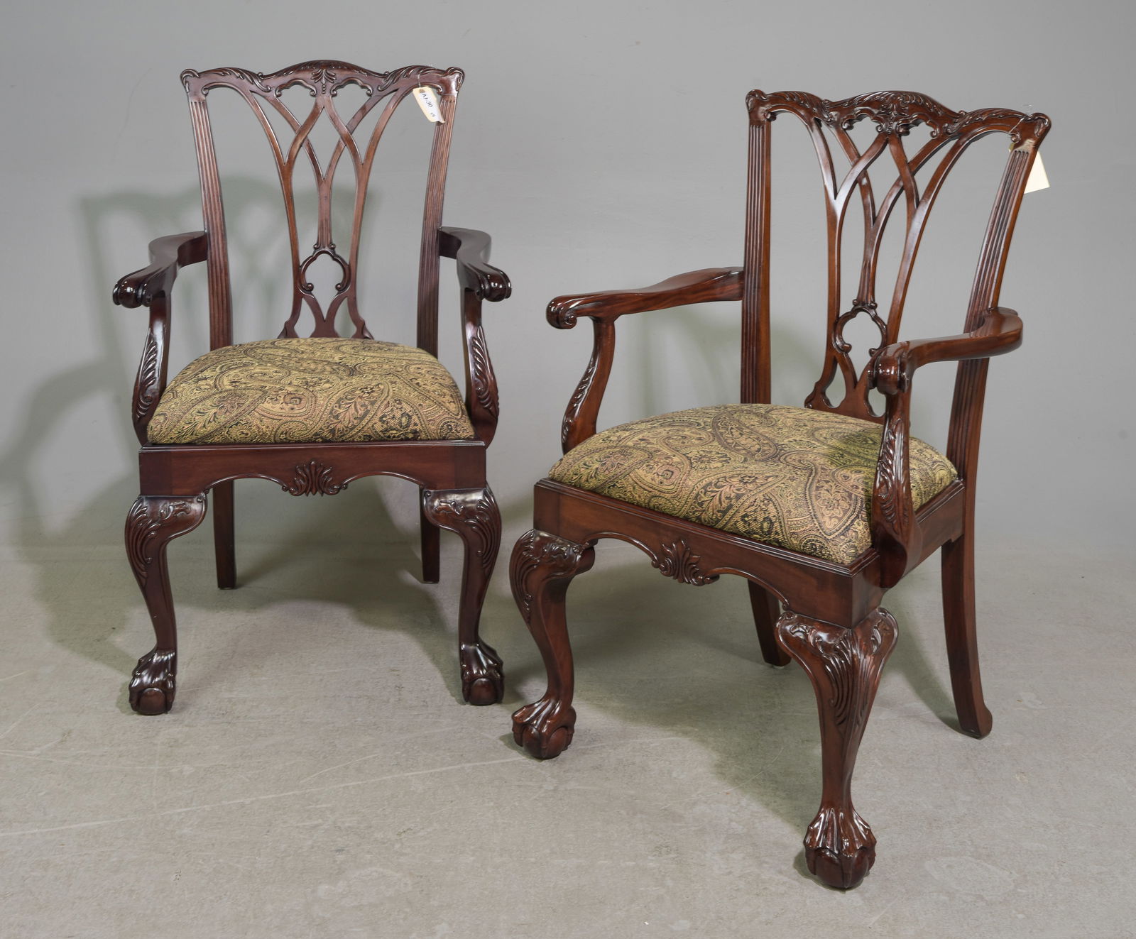 Chippendale Style Pair of Ball & Claw Arm Chairs: Chippendale Style Pair of Carved Mahogany Ball & Claw Arm Chairs - 39.5 in tall x 24 x 23 each with a seat height of 20 inches