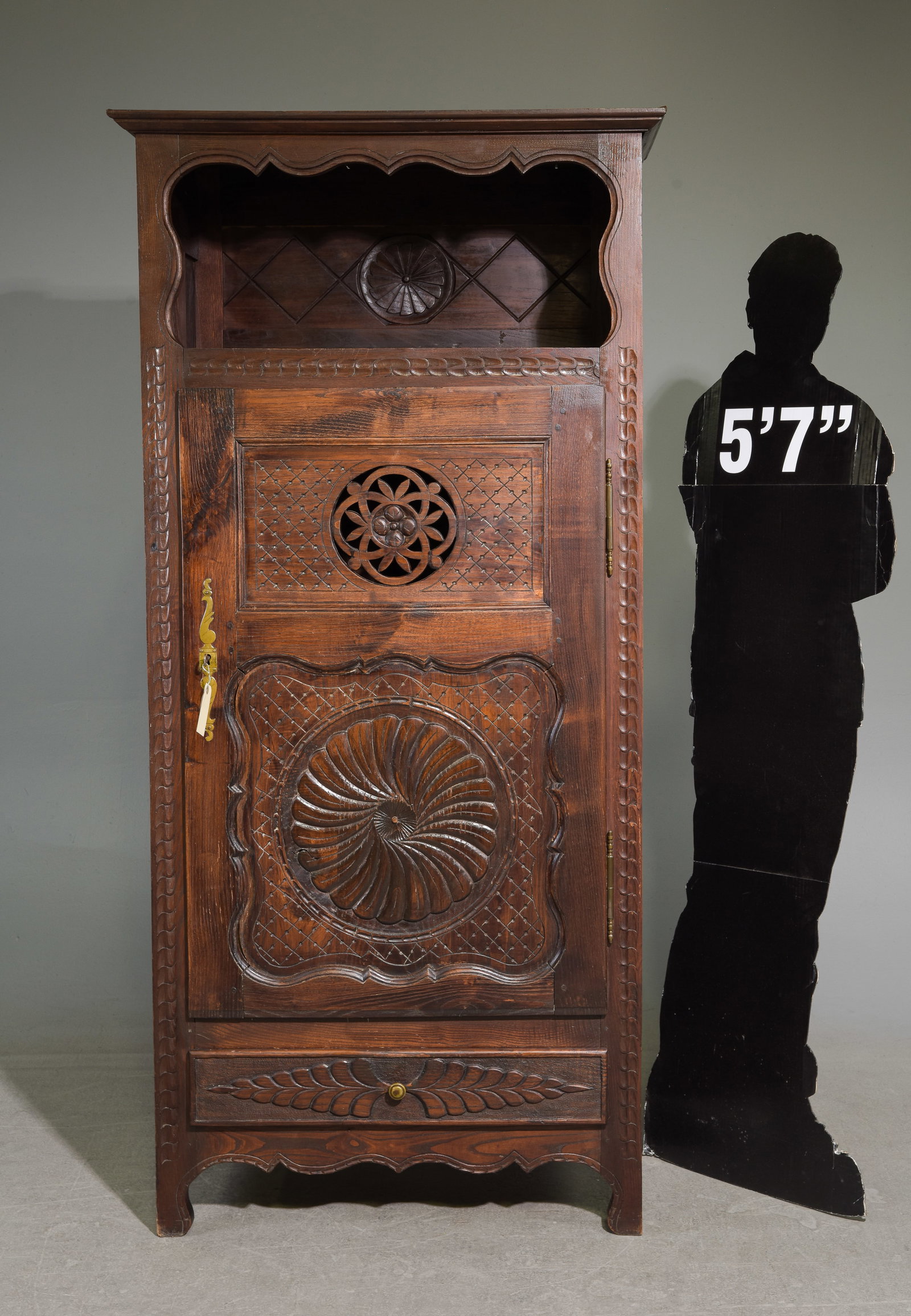 French Breton Style Carved Oak Cupboard: French Breton Style Carved Oak Cupboard with Niche - 71 in tall x 34.5 x 17