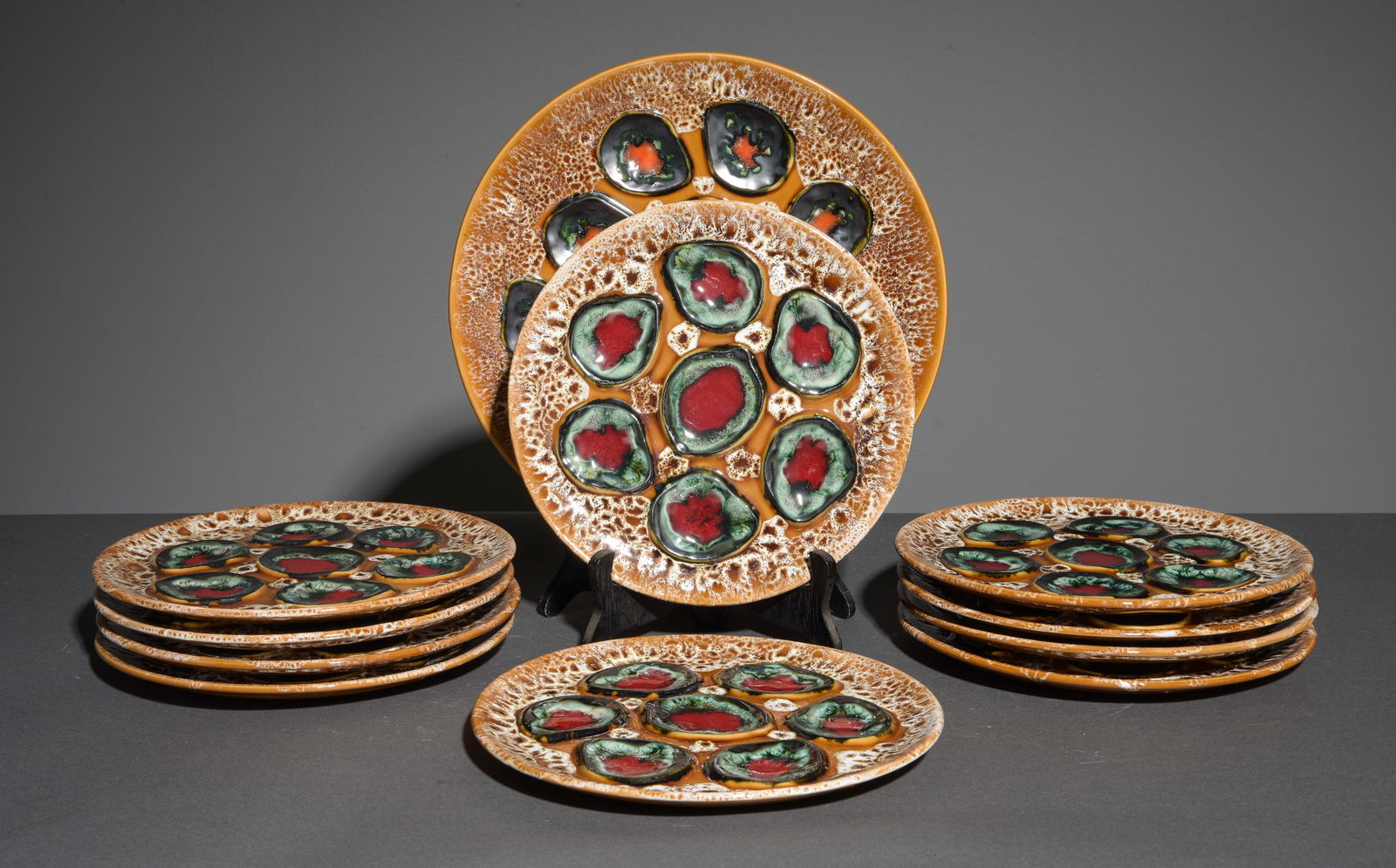 13pc French Barbotine Oyster Plate Set (1 of 4)