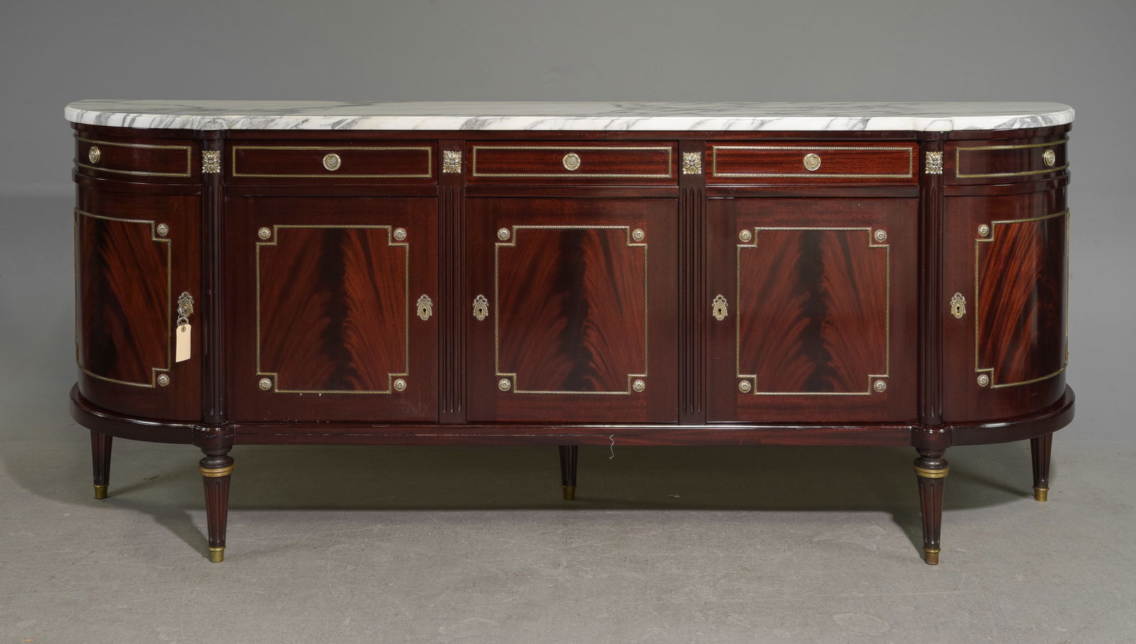 Louis XVI Style White Marble Top Sideboard: French Louis XVI Style White Marble Top Curved Mahogany Sideboard / Enfilade - 40.5 in tall x 98.25 x 21