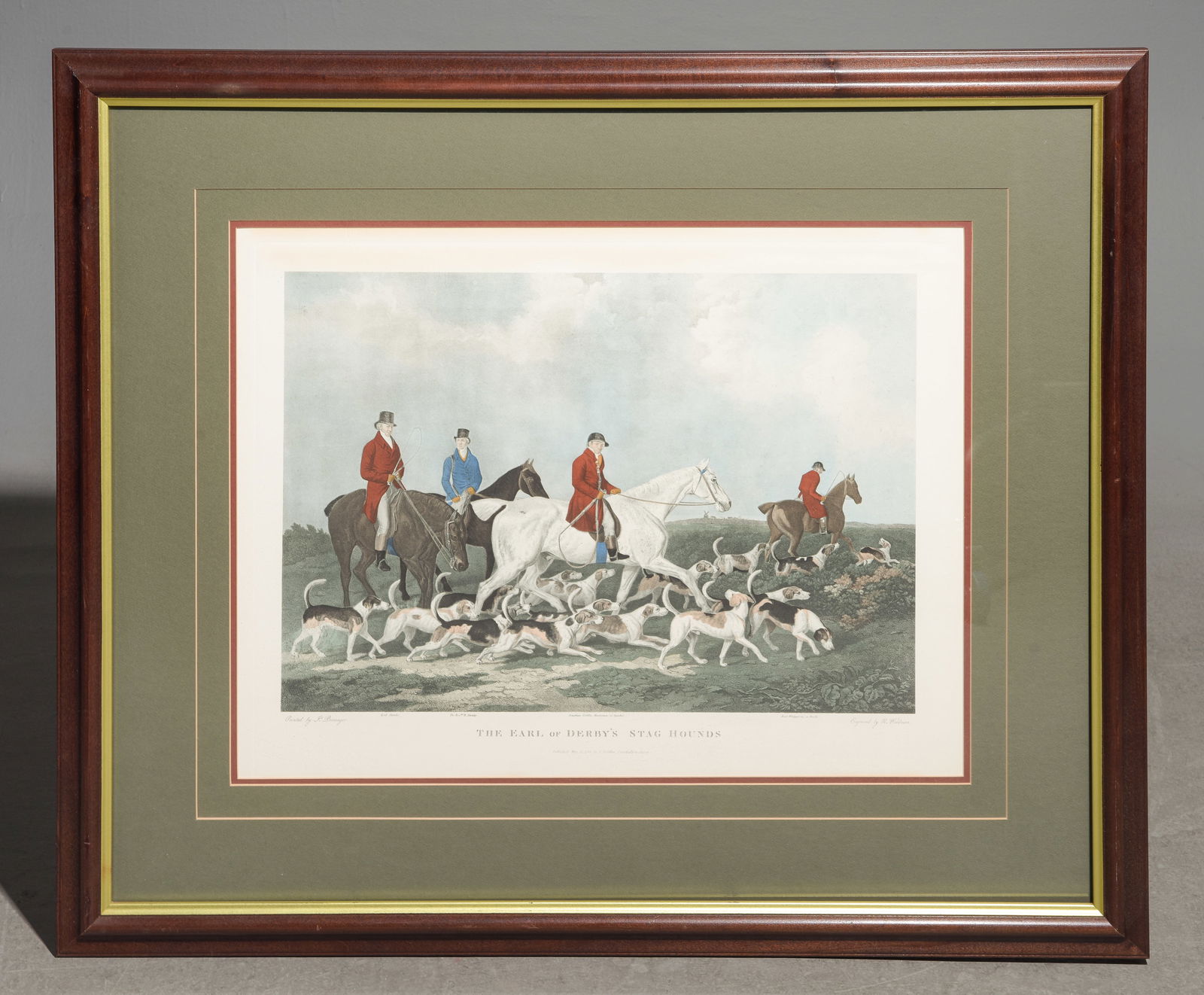 "The Earl of Derbys Stag Hounds" Engraving: "The Earl of Derbys Stag Hounds" Framed Engraving - 33.5 in tall x 39.5 x 1.5 - This was engraved by R. Woodman and Painted by F. Barenger. Published May 15th 1823 by J. Griffin, Carshalton, Surry
