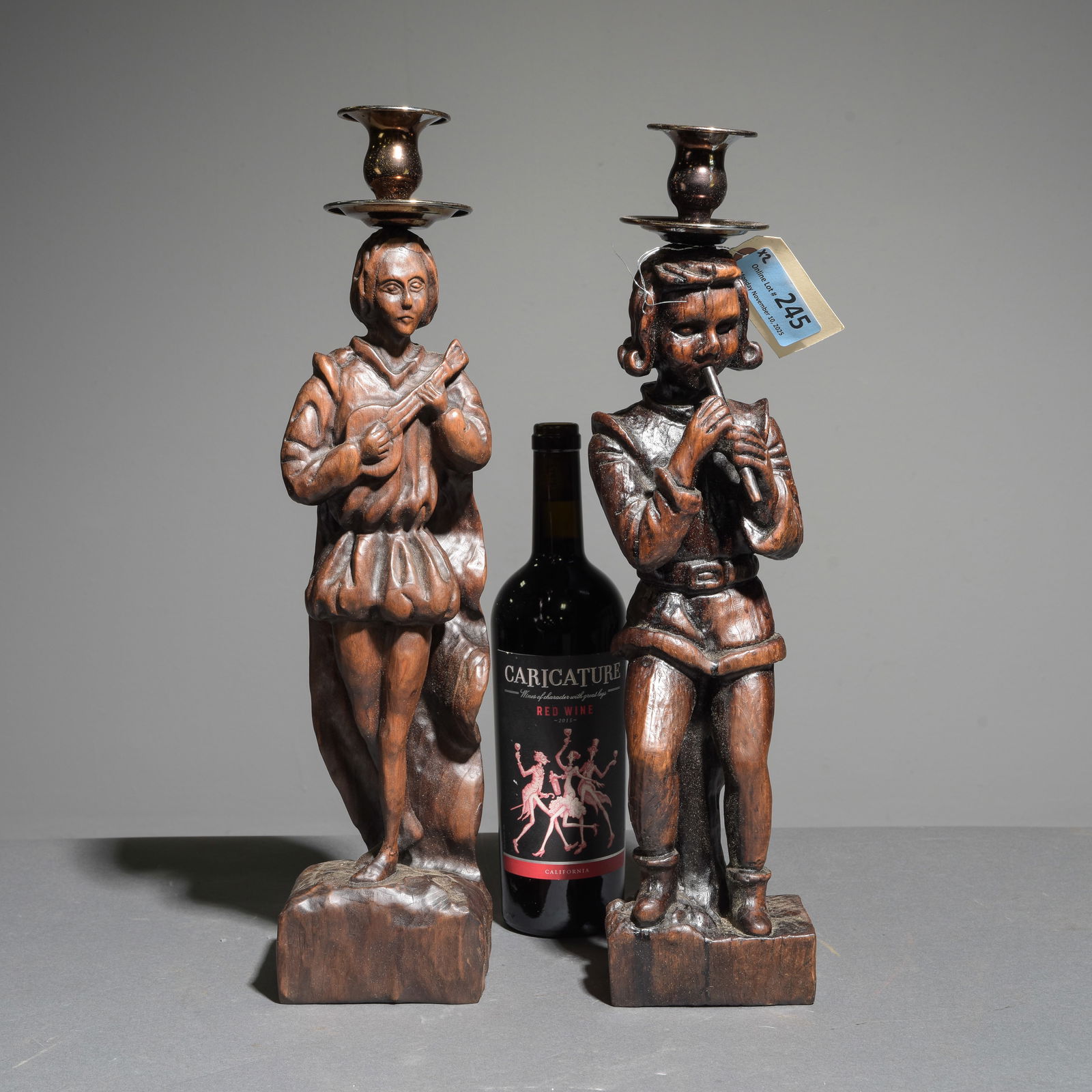 2 Carved Oak Figural Candlesticks: 2 Carved Oak Figural Candlesticks - 18.5 in tall x 4.5 x 3.25