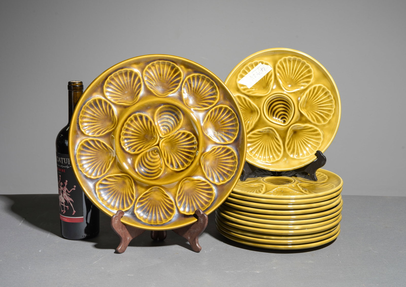 13pc French Green Scallop Plate Set: 13pc French Green Scallop Plate Set - Platter & 12 Plates - Platter is 1 in tall x 13 inch diameter, Plates are 1 in tall x 9.5 inch diameter