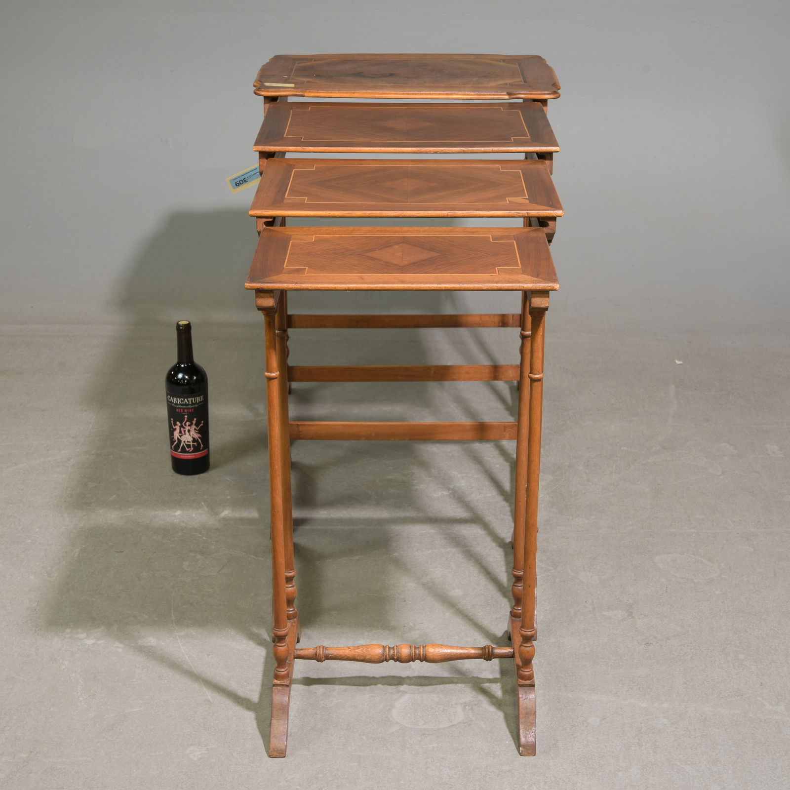 French Walnut Nest of 4 Tables: French Walnut Nest of 4 Tables - 28.5 in tall x 23 x 16.5, 27.5 in tall x 19.5 x 15, 27 in tall x 17.75 x 15 and 26 in tall x 15.5 x 11