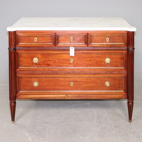 Louis XVI Style White Marble Top 5 Drawer Chest
