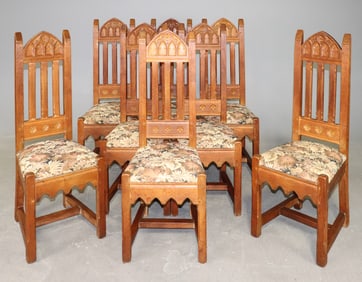 Set Of 8 Gothic Carved Oak Monastery Highbacked Chairs