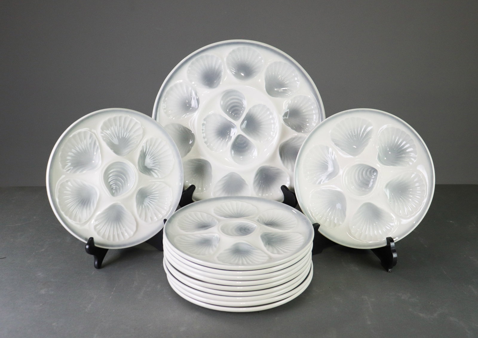 13pc French Scallop Plate Set - Platter & 12 Plates: 13pc French Scallop Plate Set - Platter & 12 Plates - Platter is 1 in tall x 13 inch diameter, Small plates are 1 in tall x 9.75 in diameter