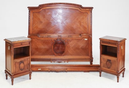 Louis XVI Style Walnut Bed with Rails & 2 Nightstands