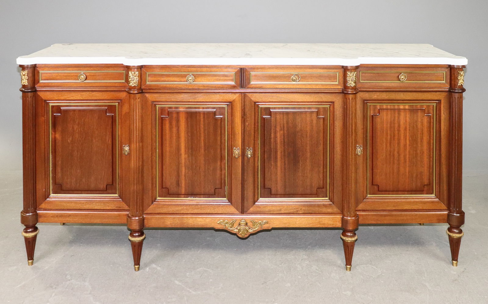 Louis XVI Style White Marble Top Mahogany Sideboard: French Louis XVI Style White Marble Top Mahogany Sideboard / Enfilade - 40.5 in tall x 85.5 x 21