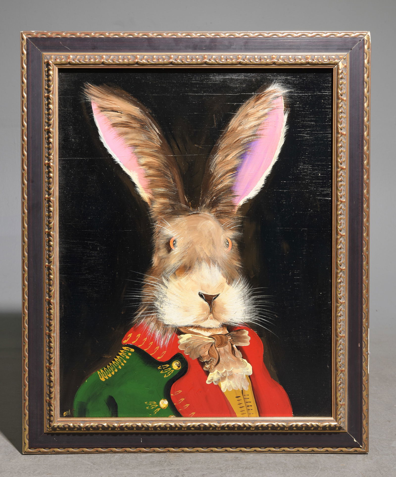 Framed Debonair Hare Portrait on Board: Framed Debonair Hare Portrait on Board - 37.5 in tall x 27.5 x 1.5