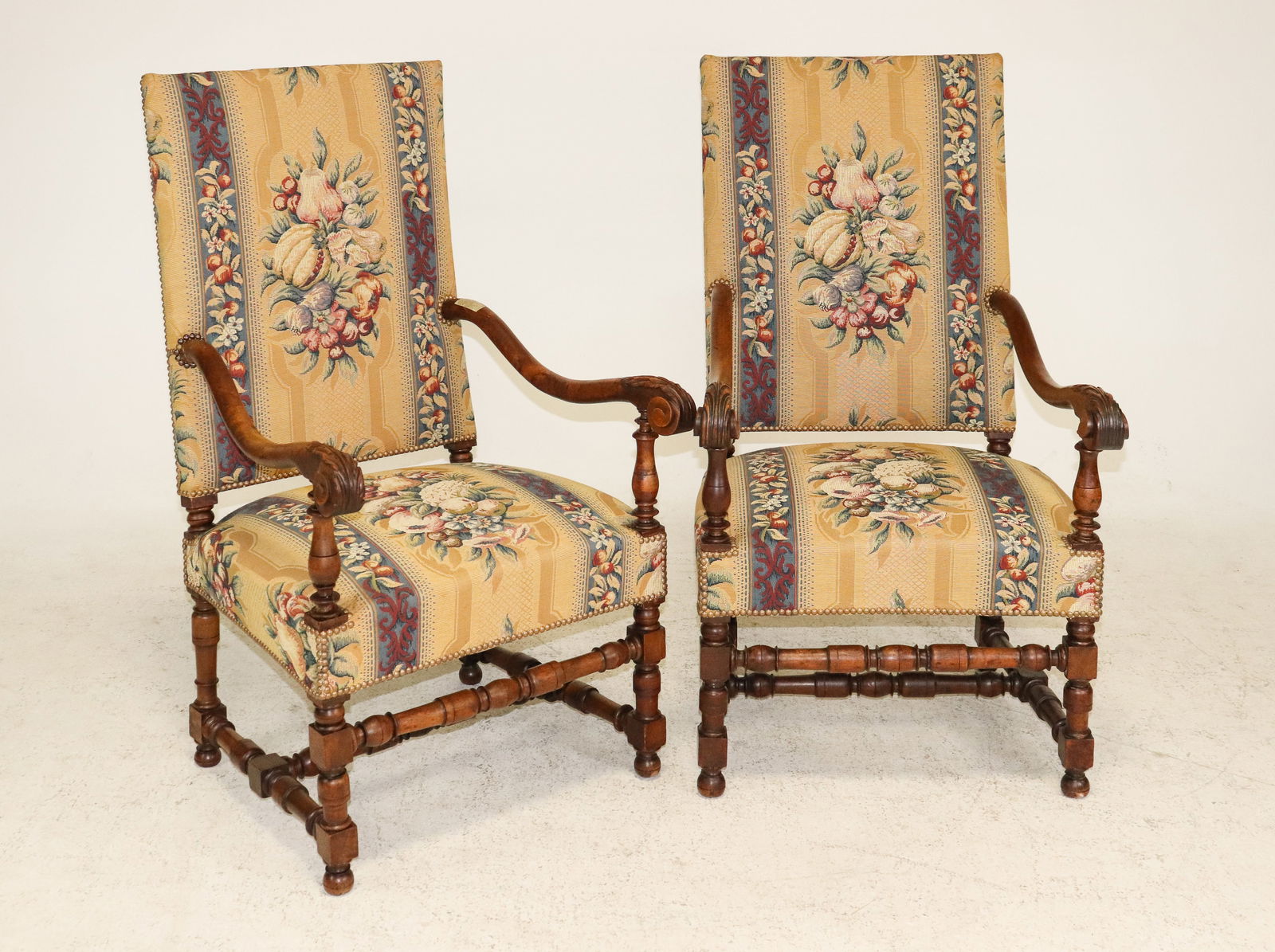 Pair Of Louis XIII Style Walnut Armchairs: Pair Of French Louis XIII Style Walnut Armchairs - 45.5 in tall x 26 x 27, seat height is 19 in