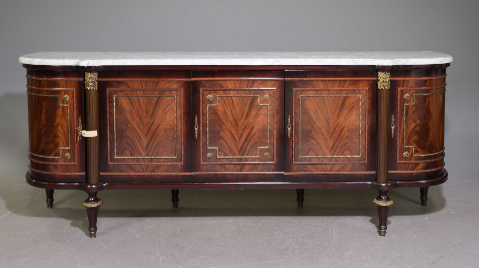 Louis XVI Style White Marble Top Sideboard #1: French Louis XVI Style White Marble Top Mahogany Curved Sideboard / Enfilade - 40 in tall x 102 x 24.5