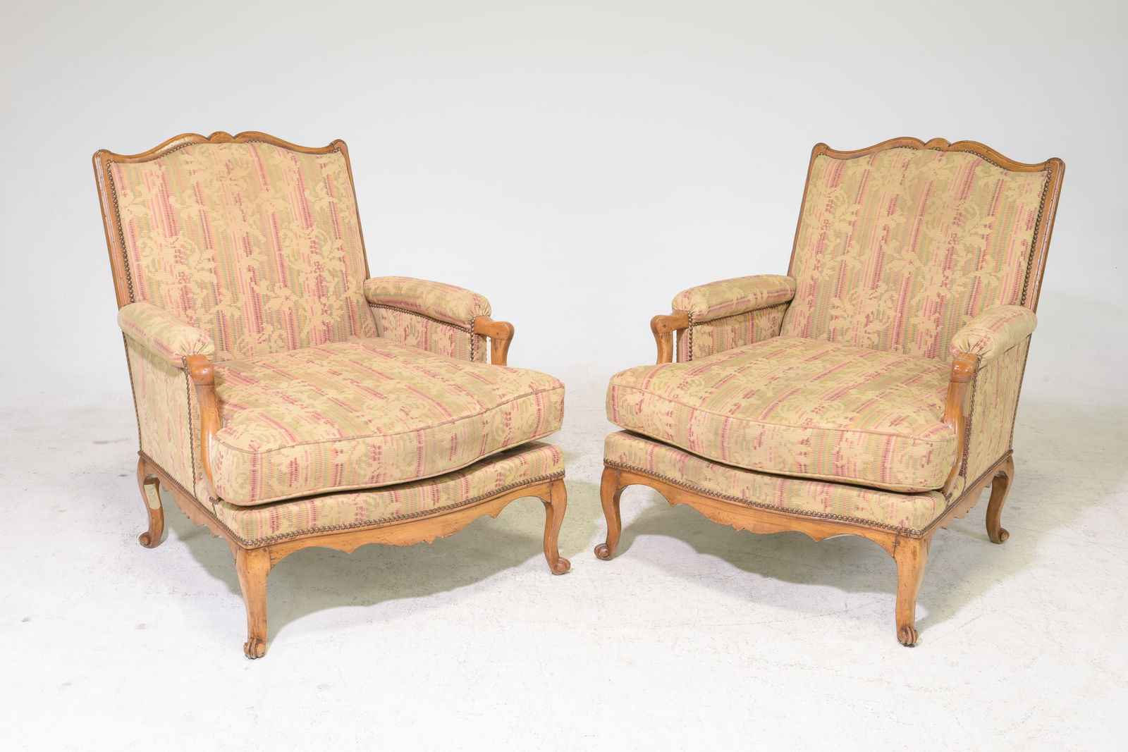Louis XV Style Pair of Walnut Arm Chairs: French Louis XV Style Pair of Walnut Arm Chairs - 37 in tall x 33 x 40 each with a seat height of 18 inches