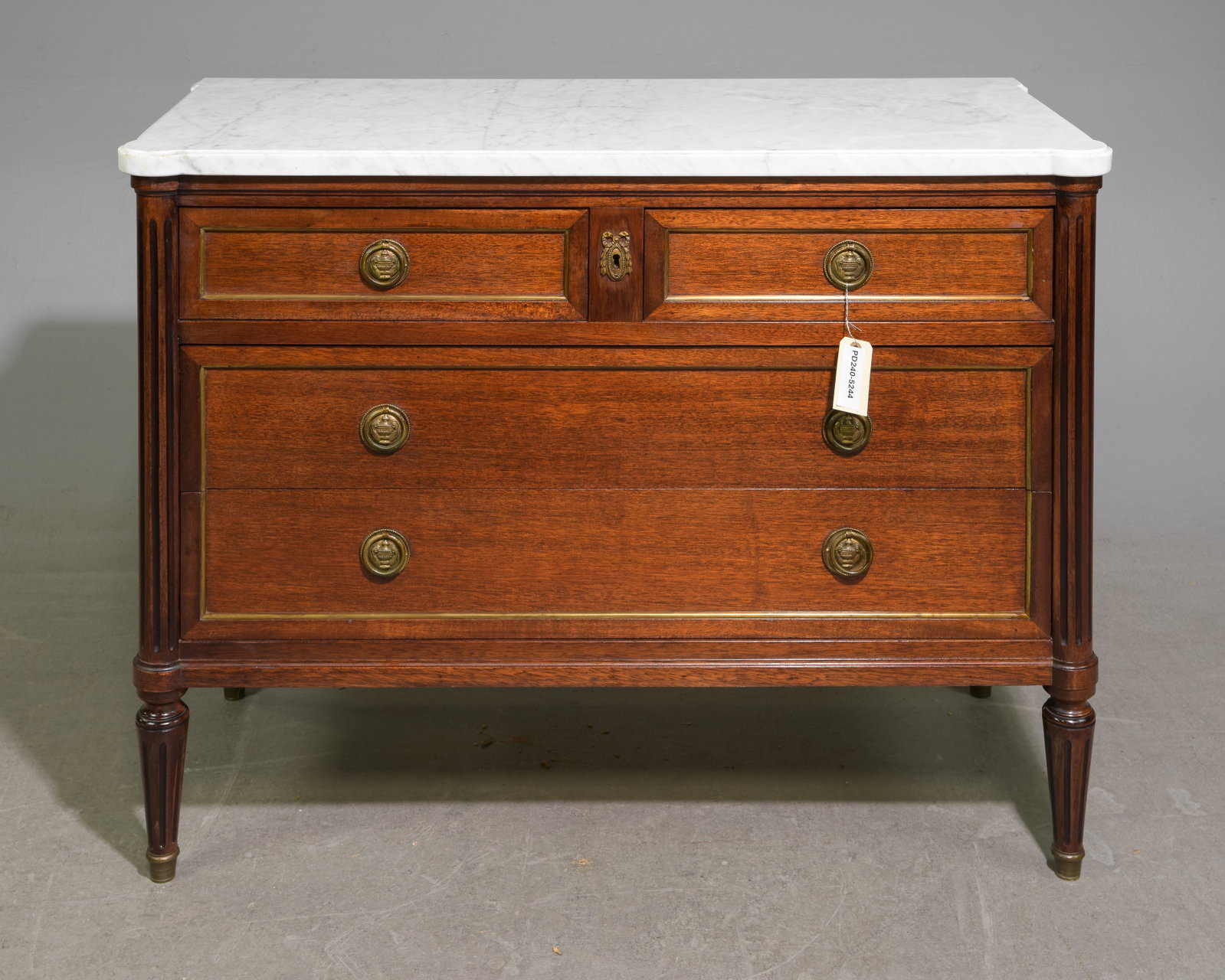Louis XVI Style White Marble Top Chest: French Louis XVI Style White Marble Top Mahogany Chest - 33 in tall x 43 x 19.5 - There is not a key