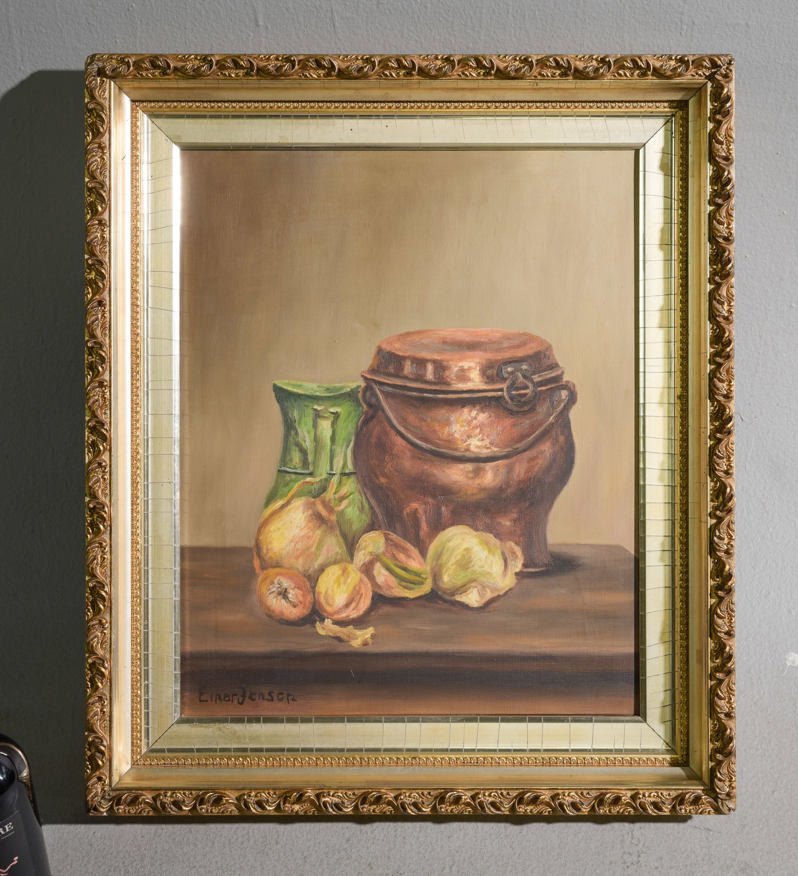 Danish Gold Framed Oil on Canvas Still Life: Danish Gold Framed Oil on Canvas Still Life - 28.5 in tall x 24 x 3 - Artist signed - Einer Jensen