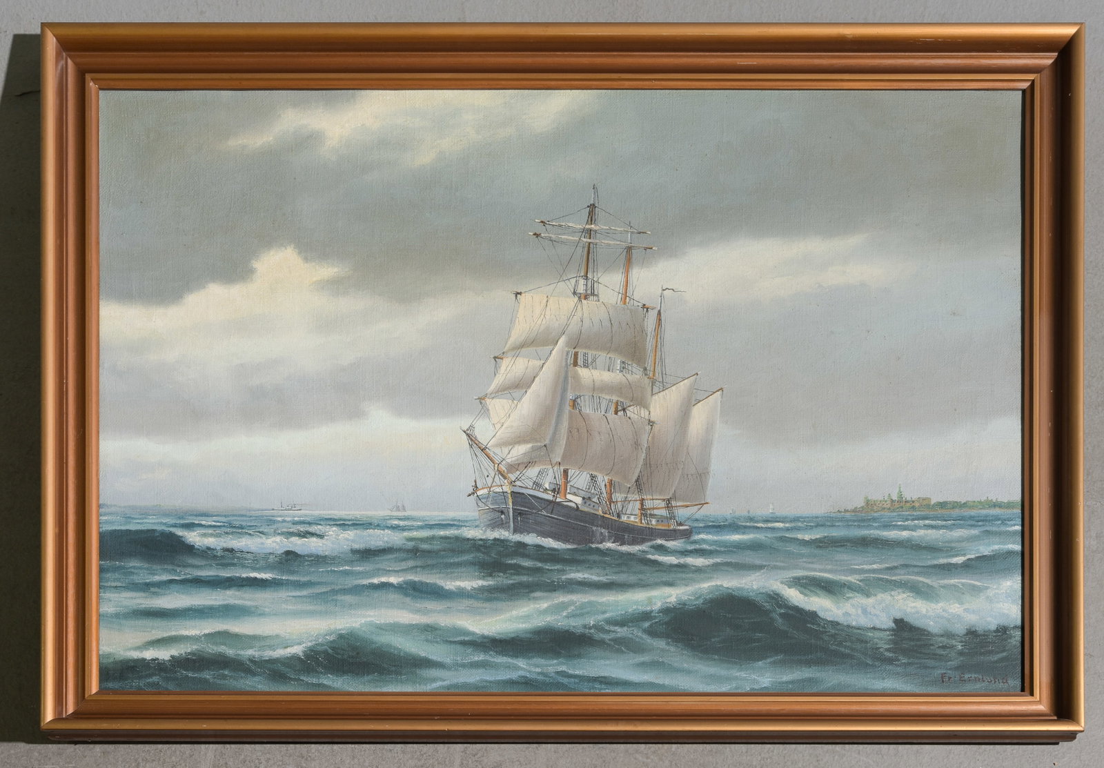 Danish Framed Oil on Canvas Ship at Sea: Danish Framed Oil on Canvas Ship at Sea - 31 in tall x 43 x 2