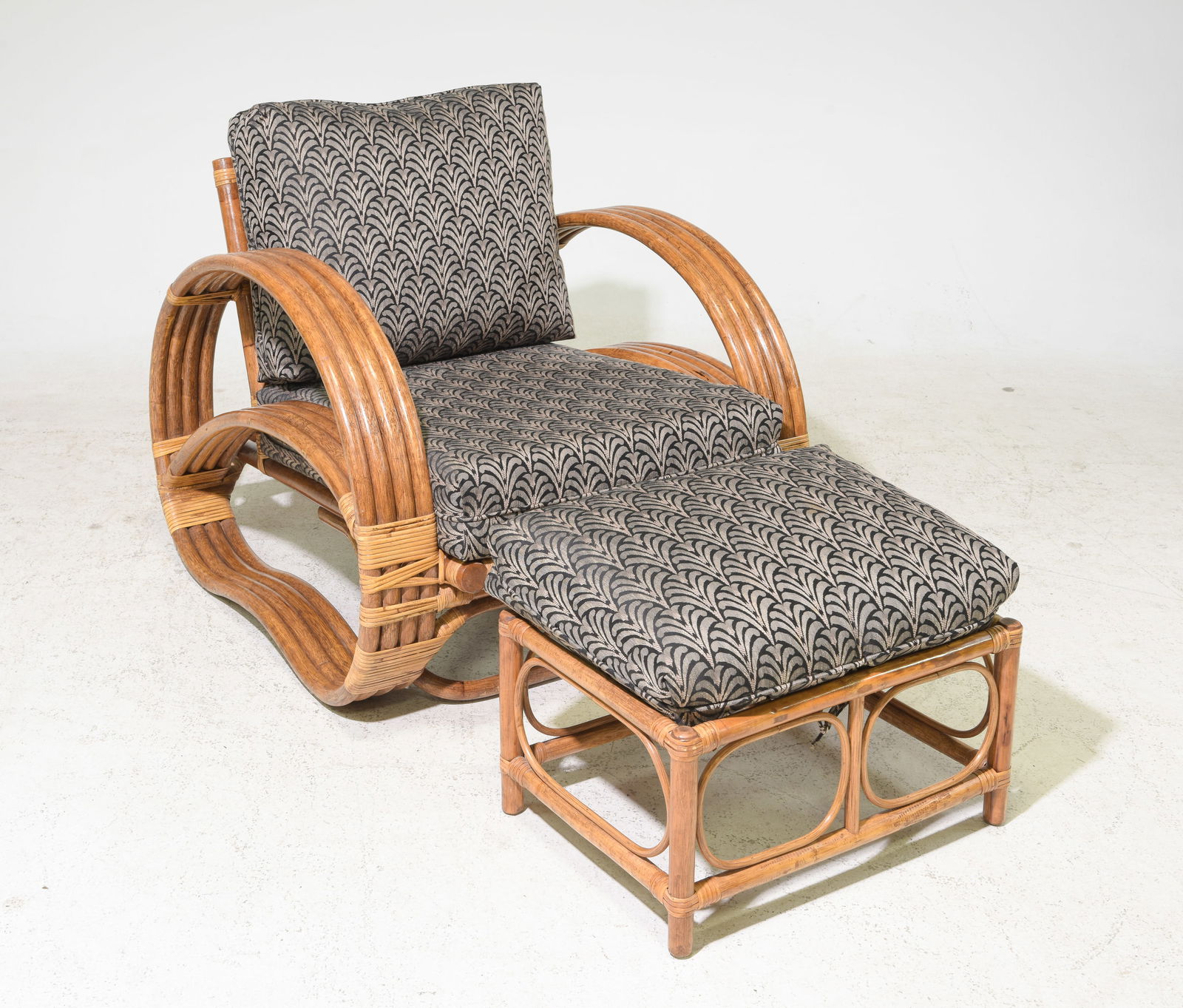 Bamboo Ratan Arm Chair & Foot Stool: Bamboo Ratan Arm Chair & Foot Stool - 31 in tall x 31 x 38 with a seat height of 17 inches, Stool is 16 in tall x 22 x 18