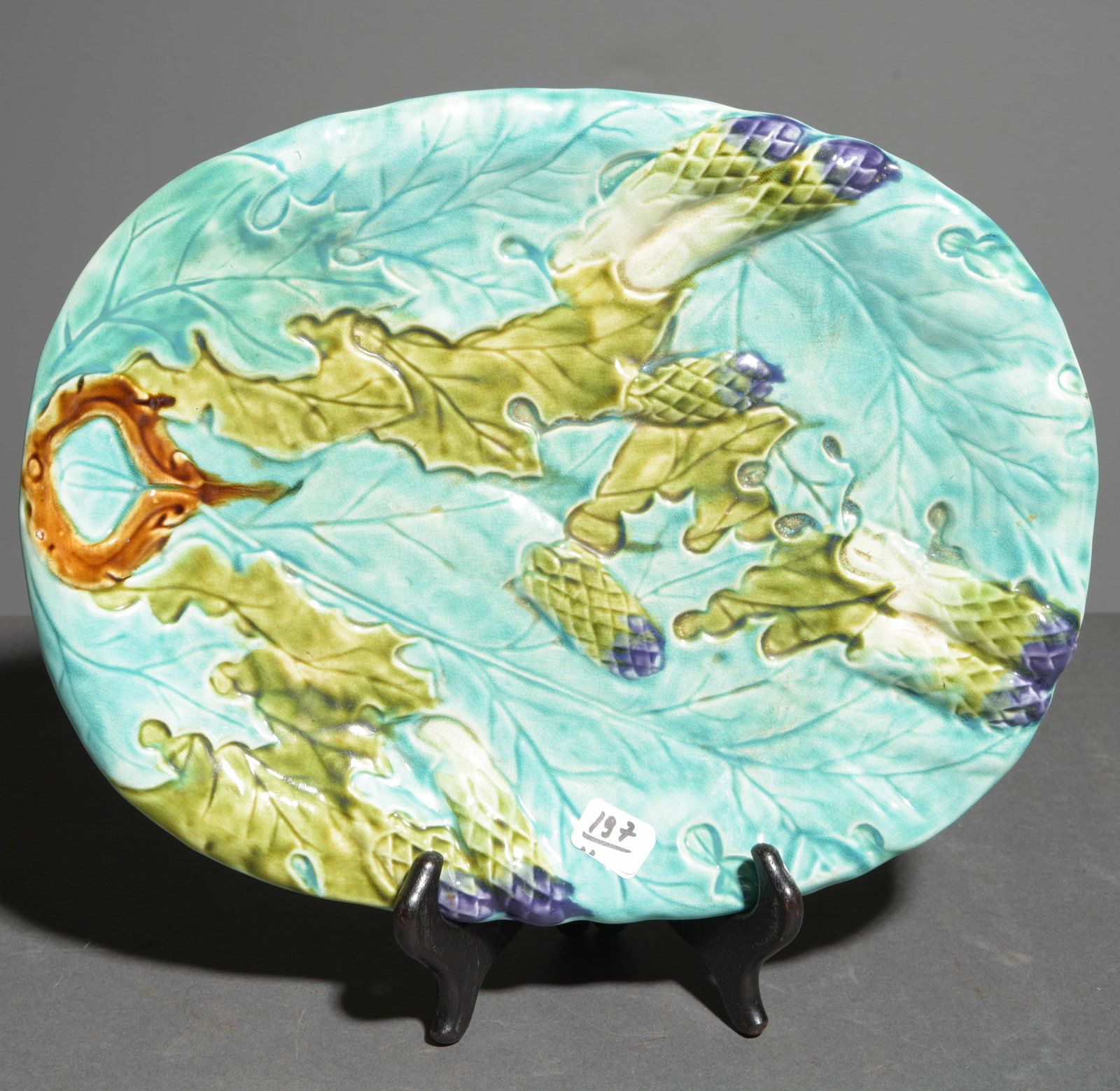 French Majolica Asparagus Plate: French Majolica Asparagus Plate - 1 in tall x 12 x 9.5
