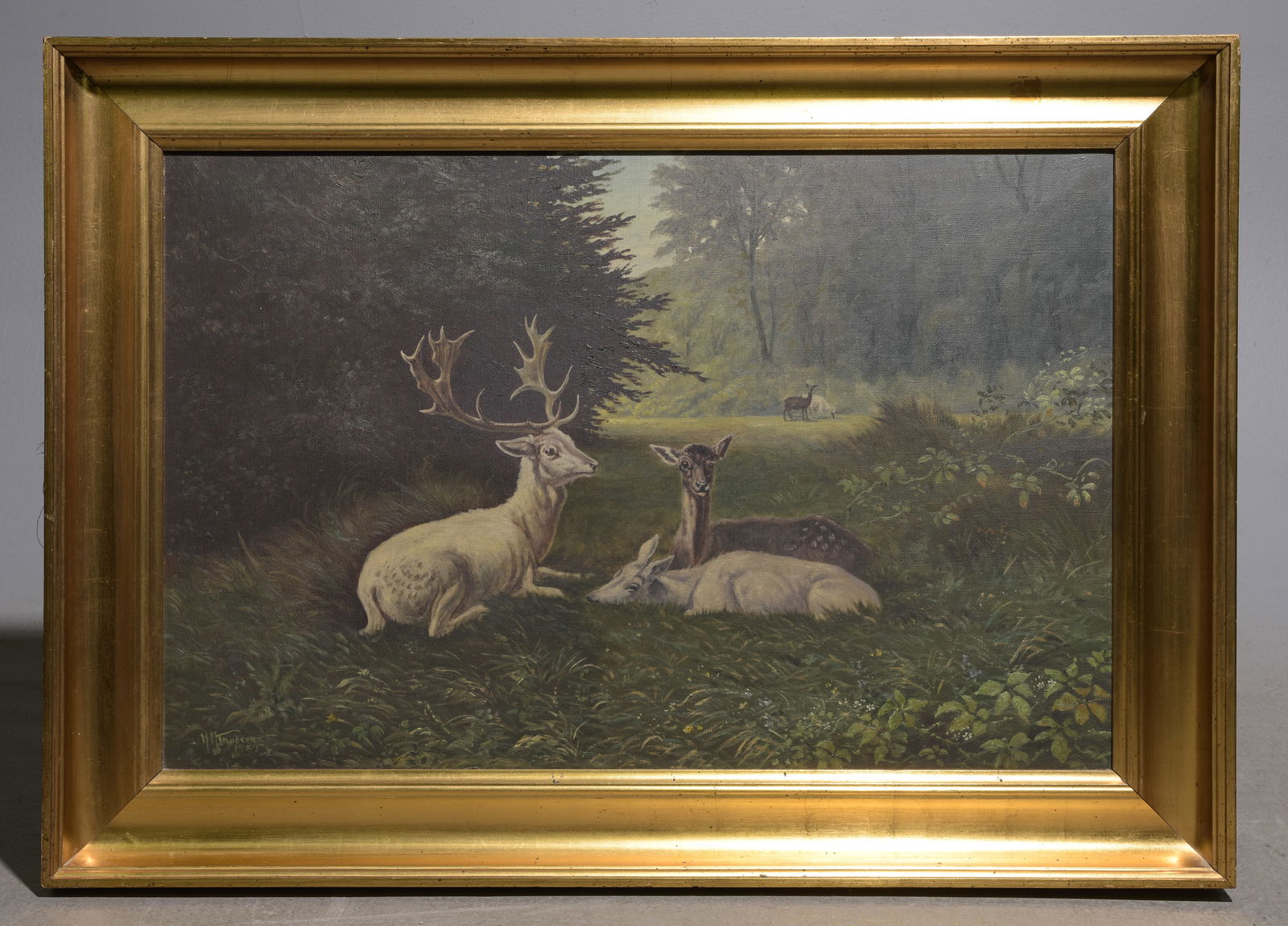 Danish Gold Framed Art - Deer Family c.1920's (1 of 4)