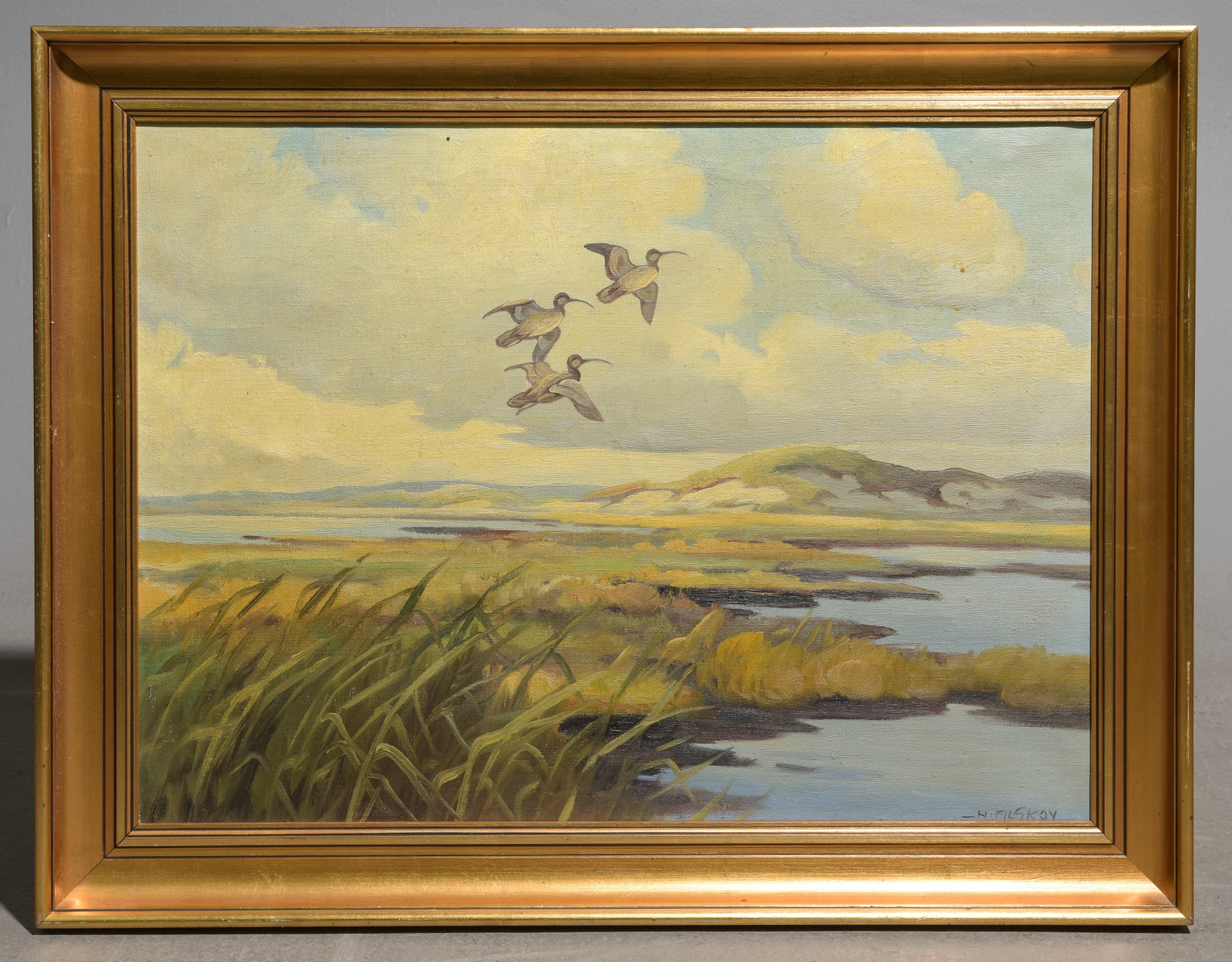 Danish Gold Framed Oil on Canvas Landscape: Danish Gold Framed Oil on Canvas Landscape - Ducks in Flight - 24 in tall x 30.5 x 2.5 - This is artist signed