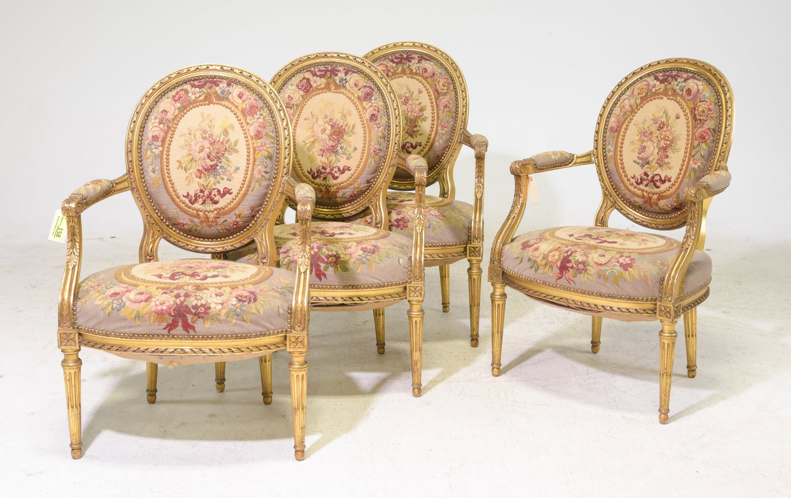 Louis XVI Style Set of 4 Gold Painted Arm Chairs: French Louis XVI Style Set of 4 Gold Painted Arm Chairs - 36 in tall x 24 x 24 each with a seat height of 18 inches