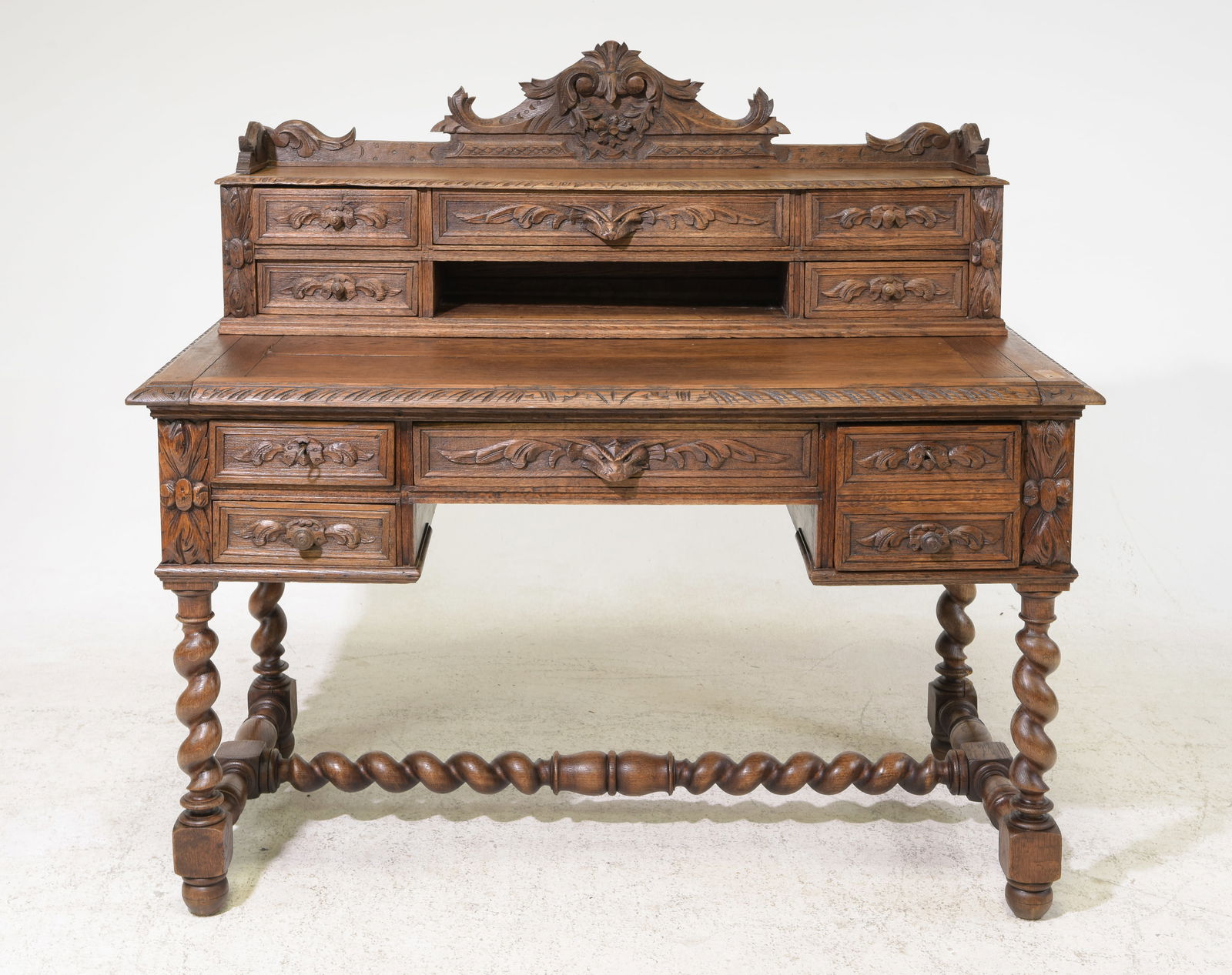 Louis XIII Carved Oak French Twist Desk: French Louis XIII Carved Oak French Twist Desk - 48.5 in tall x 51.5 x 26, Kneehole is 23.5 inches from the floor to under by 20.5 inches wide