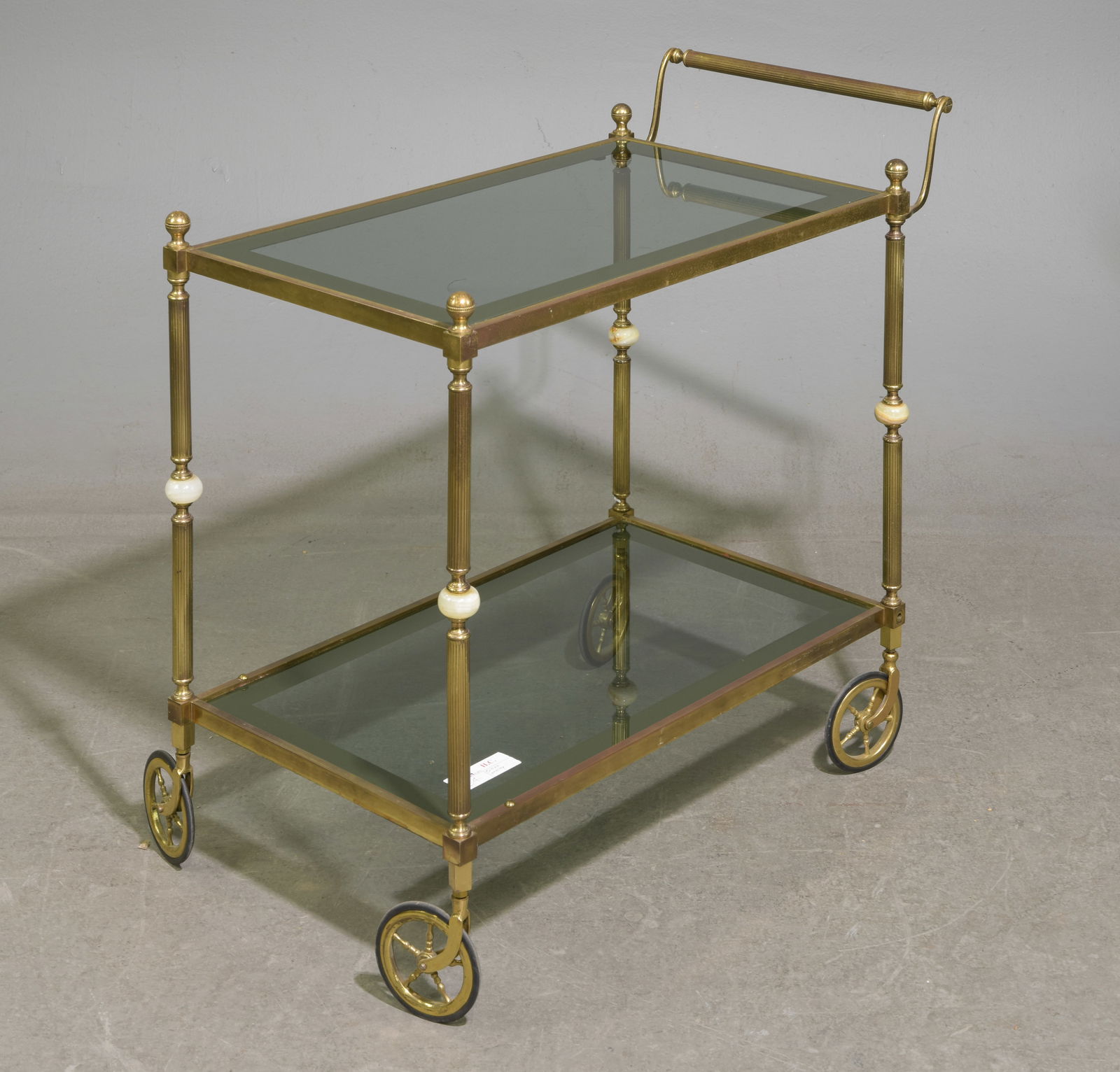 Brass & Glass Two Tier Trolley / Cocktail Cart: Brass & Glass Two Tier Trolley / Cocktail Cart - 28.5 in tall x 30.5 x 16