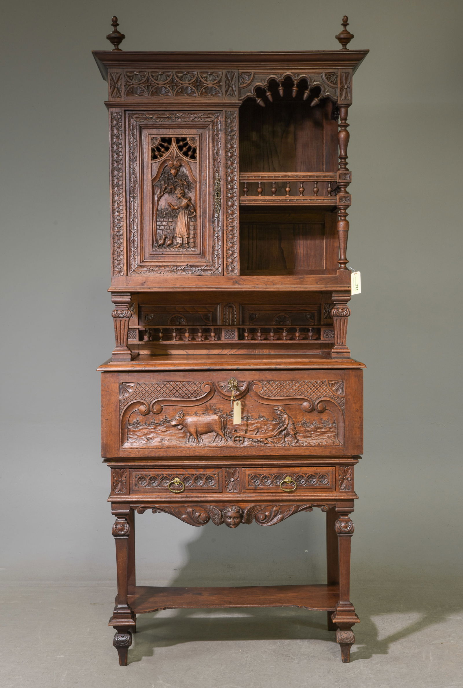French Breton Style Carved Oak Buffet / Desk (1 of 8)