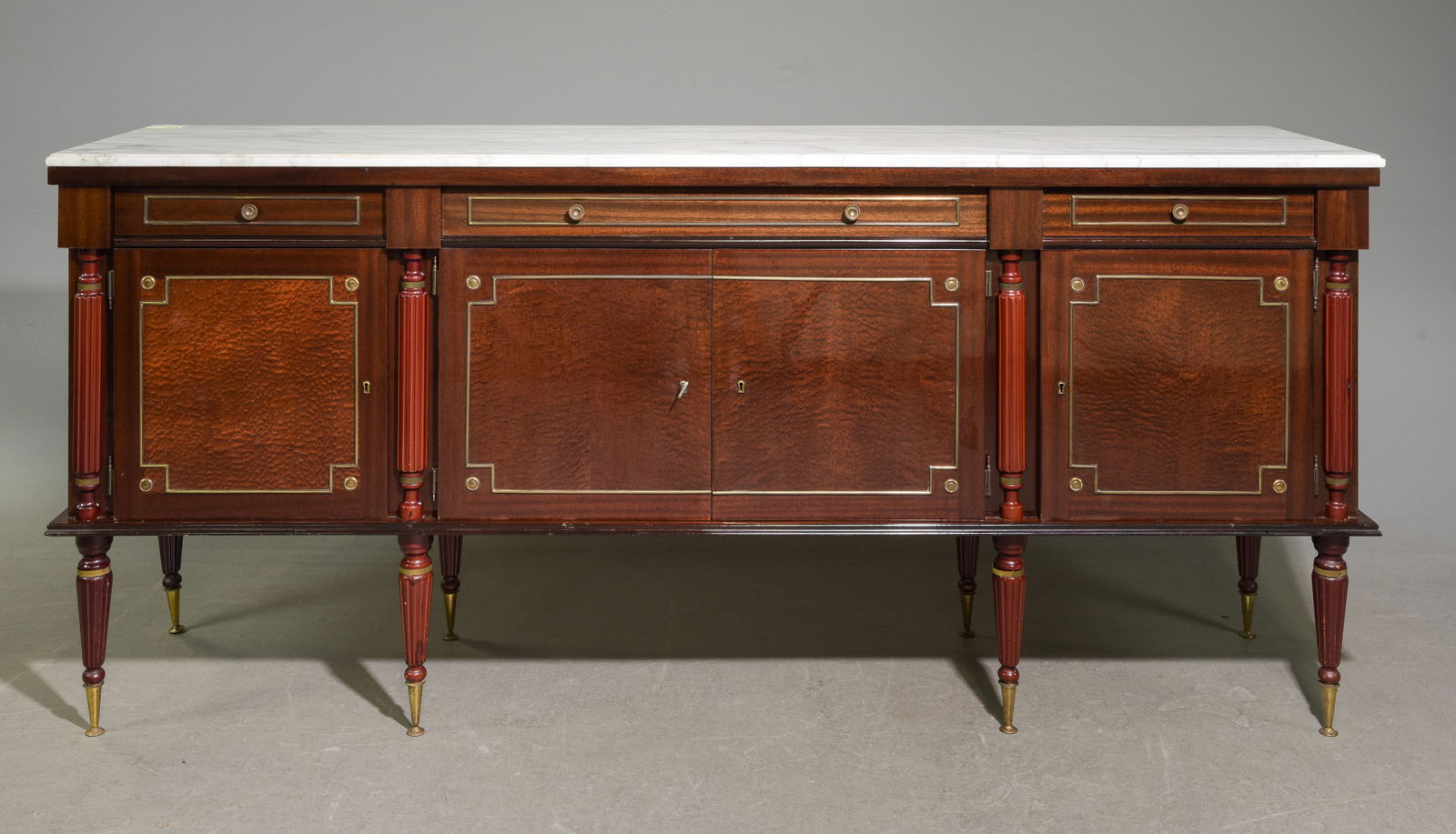 Louis XVI Style White Marble Top Sideboard: French Louis XVI Style White Marble Top Sideboard / Enfilade - 39.25 in tall x 87 x 20.5