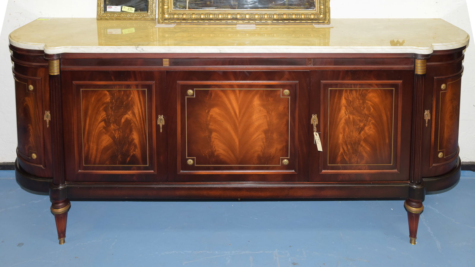 Louis XVI Style Marble Top Curved Sideboard: French Louis XVI Style White Marble Top Curved Sideboard / Enfilade - 39 in tall x 91.5 x 22.5