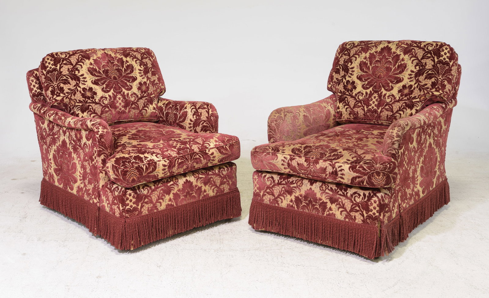 Pair of Red Damask Pattern Skirted Club Chairs #1: Pair of Red Damask Pattern Skirted Club Chairs - 34 in tall x 30 x 39 each with a seat height of 17 inches