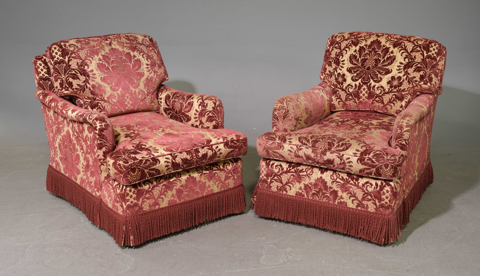 Pair of Red Damask Pattern Skirted Club Chairs #2: Pair of Red Damask Pattern Skirted Club Chairs - 34 in tall x 30 x 39 each with a seat height of 17 inches