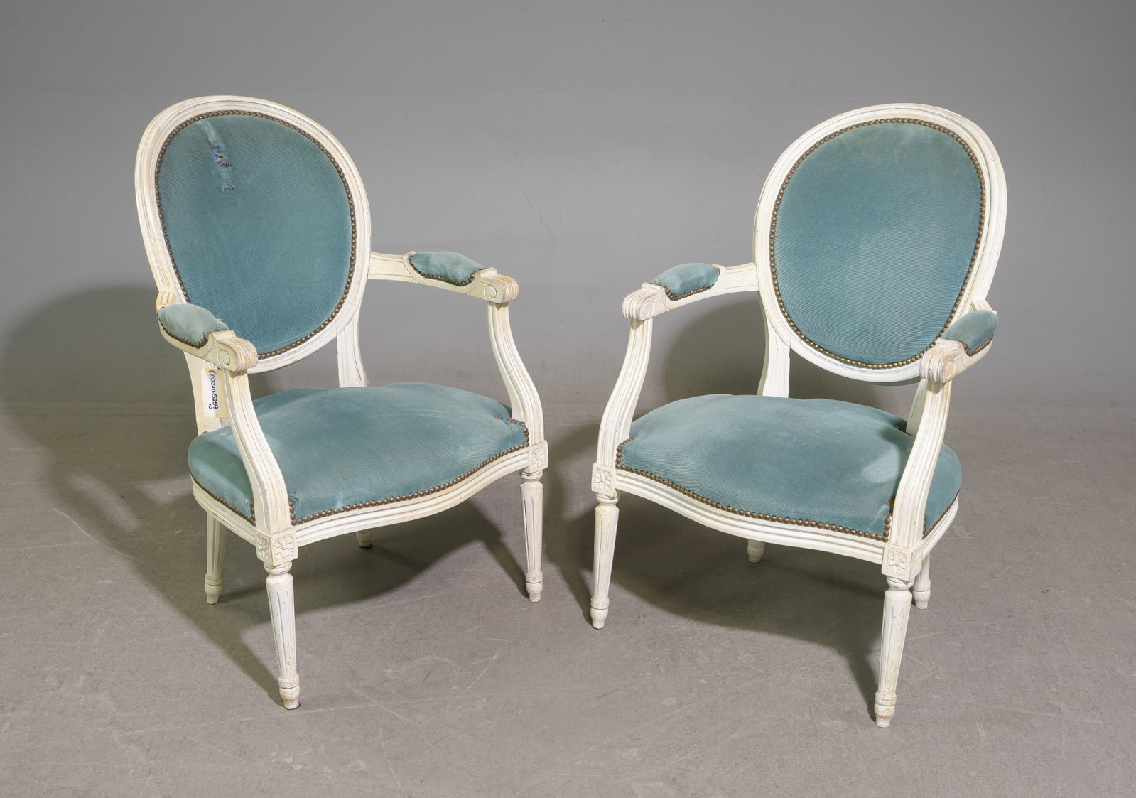 Louis XVI Style Pair of Upholstered Arm Chairs: French Louis XVI Style Pair of Upholstered Arm Chairs - 35 in tall x 26 x 23 each with a seat height of 15.5 inches - The upholstery is damaged and will need to be replaced