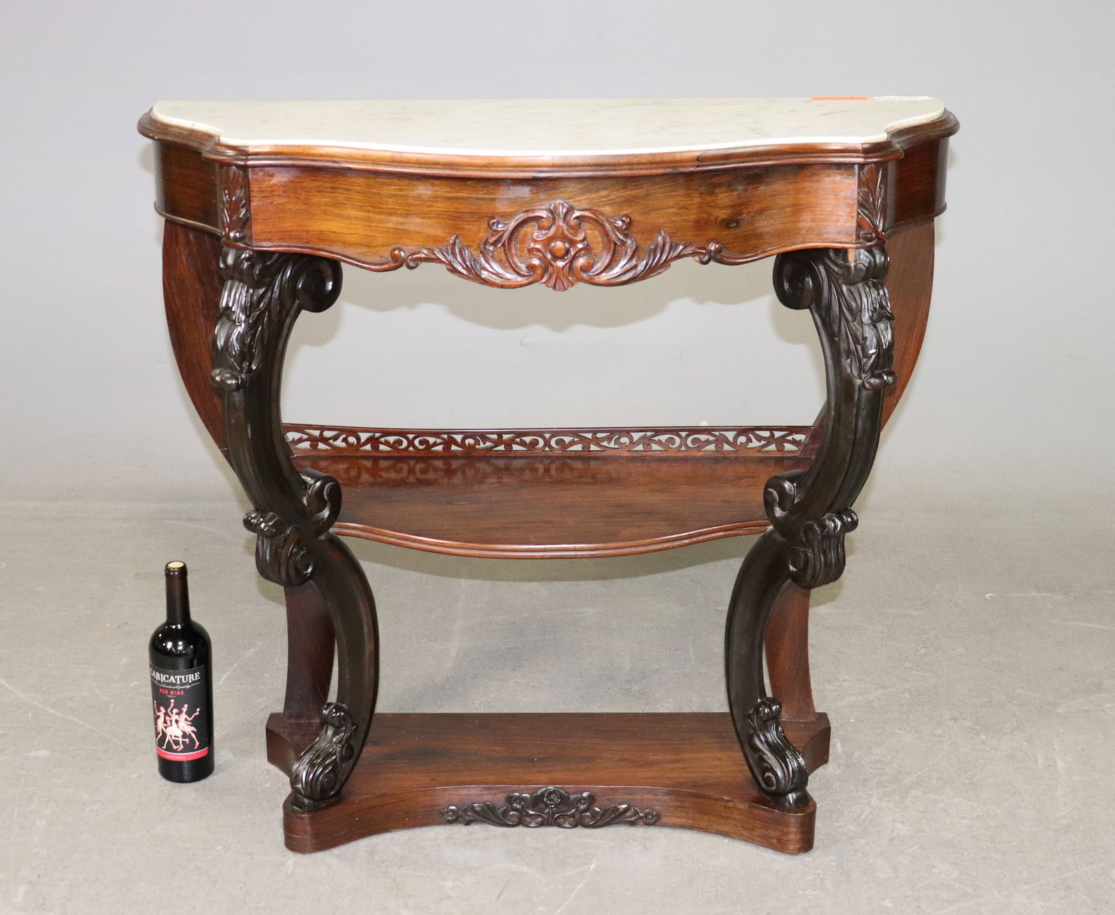 Napoleon III Style Carved White Marble Top Console: French Napoleon III Style Carved White Marble Top Console / Hall Table - 35 in tall x 39 x 17