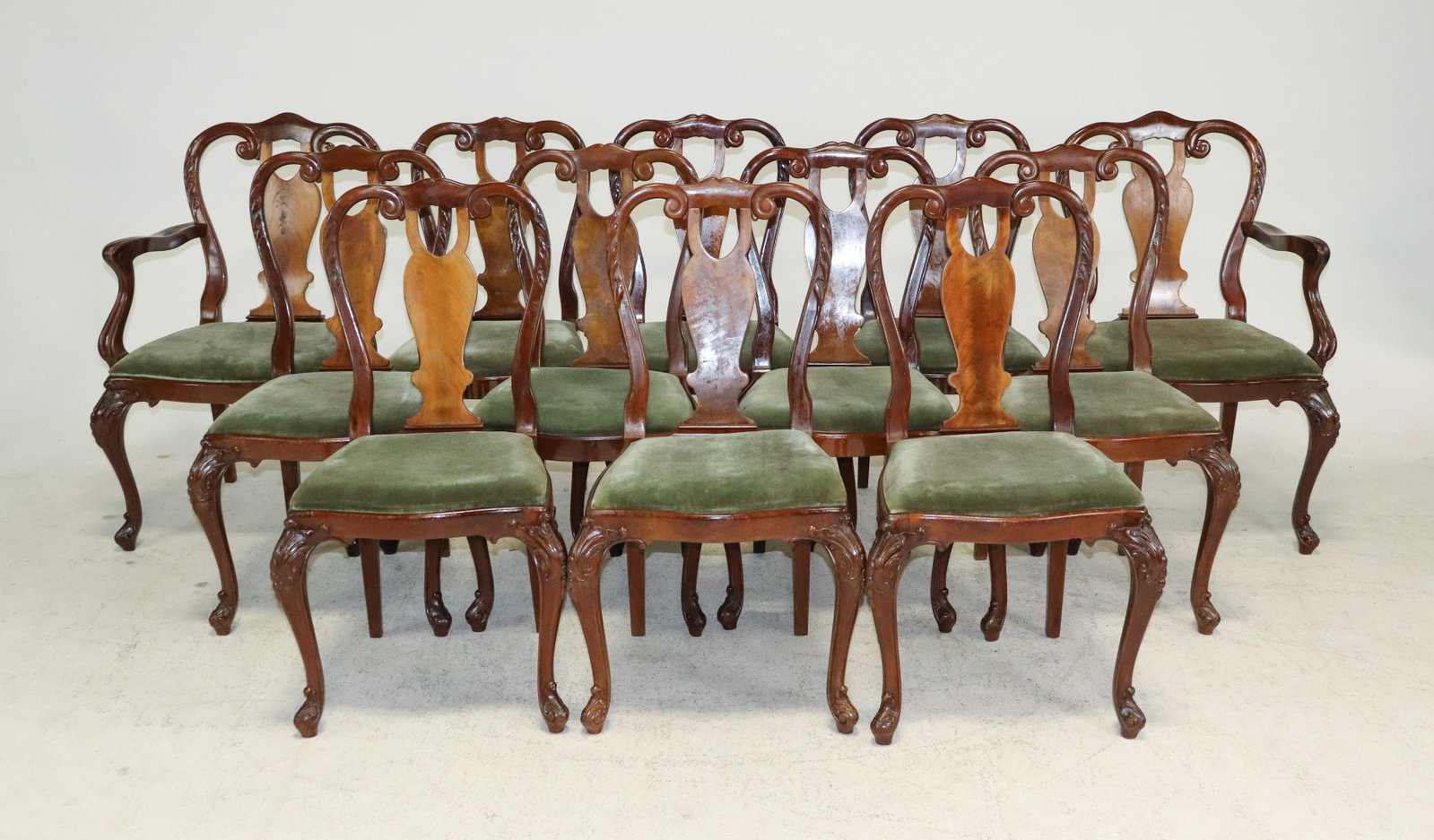Set Of 12 Louis XV Style Dining Chairs: Set Of 12 French Louis XV Style Dining Chairs - Arm Chairs are 36.5 in tall x 24 x 21, seat height is 17 in - side chairs are 36.5 in tall x 21 x 18, seat height is 17 in