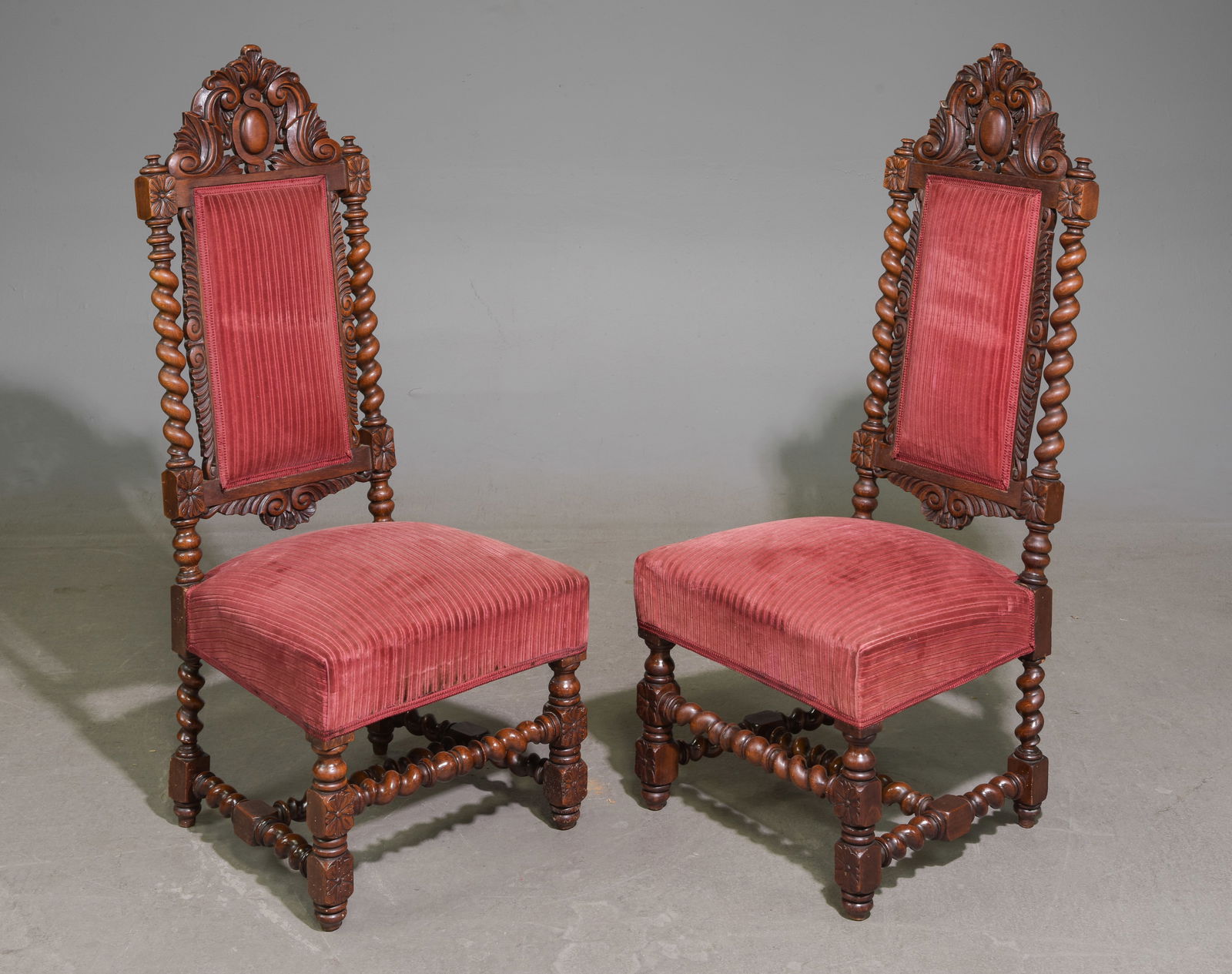 Pair Of Louis XIII Style French Twist Chairs: Pair Of Louis XIII Style French Twist Chairs - 43 in tall x 21 x 18, seat hegith is 15 in