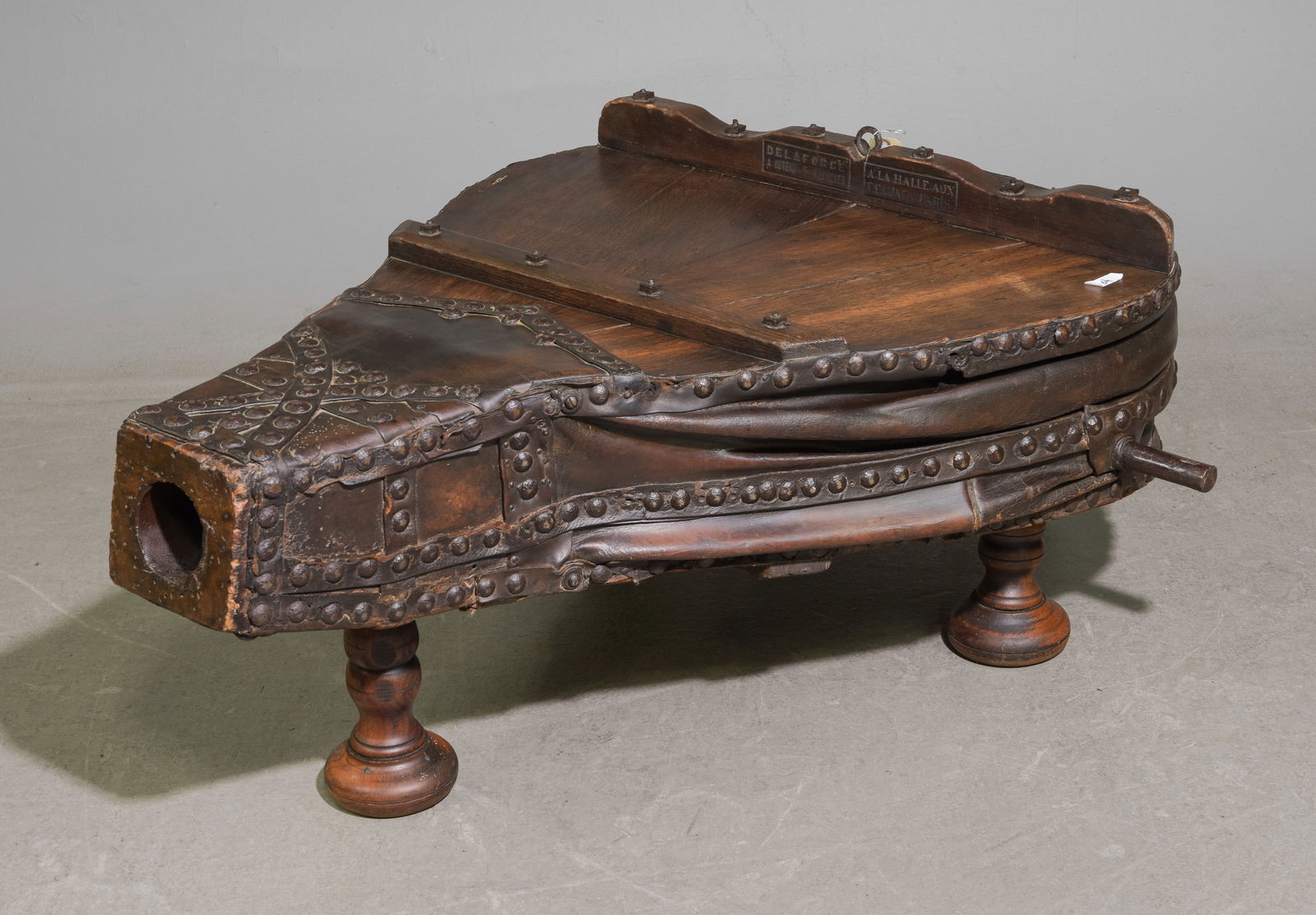 French Antique Oak & Leather Bellows: French Antique Oak & Leather Bellows - 15 in tall x 46 x 42