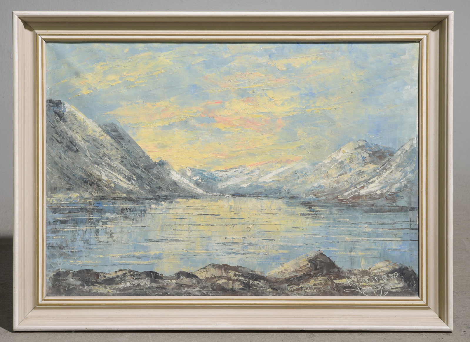 Danish Framed Oil On Canvas Art - Lake Landscape: Danish Framed Oil On Canvas - Lake Landscape - 22 in tall x 30 x 1.5