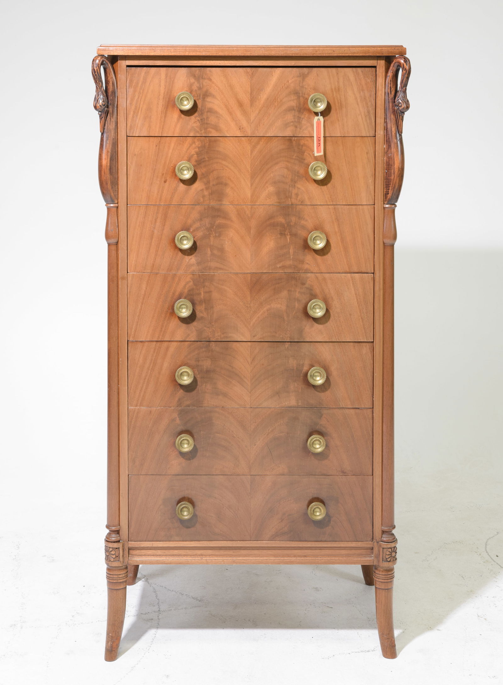 Empire Style Swan Neck Walnut 7 Drawer Chest: Empire Style Swan Neck Walnut 7 Drawer Chest - 51.5 in tall x 26 x 17